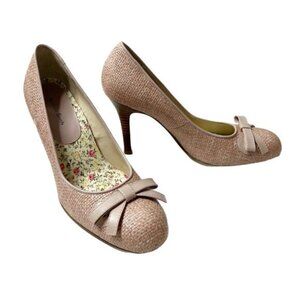 Amanda Smith Women's Belle High Heels Size 8M Pink Raffia Bow Straw Tweed Pumps